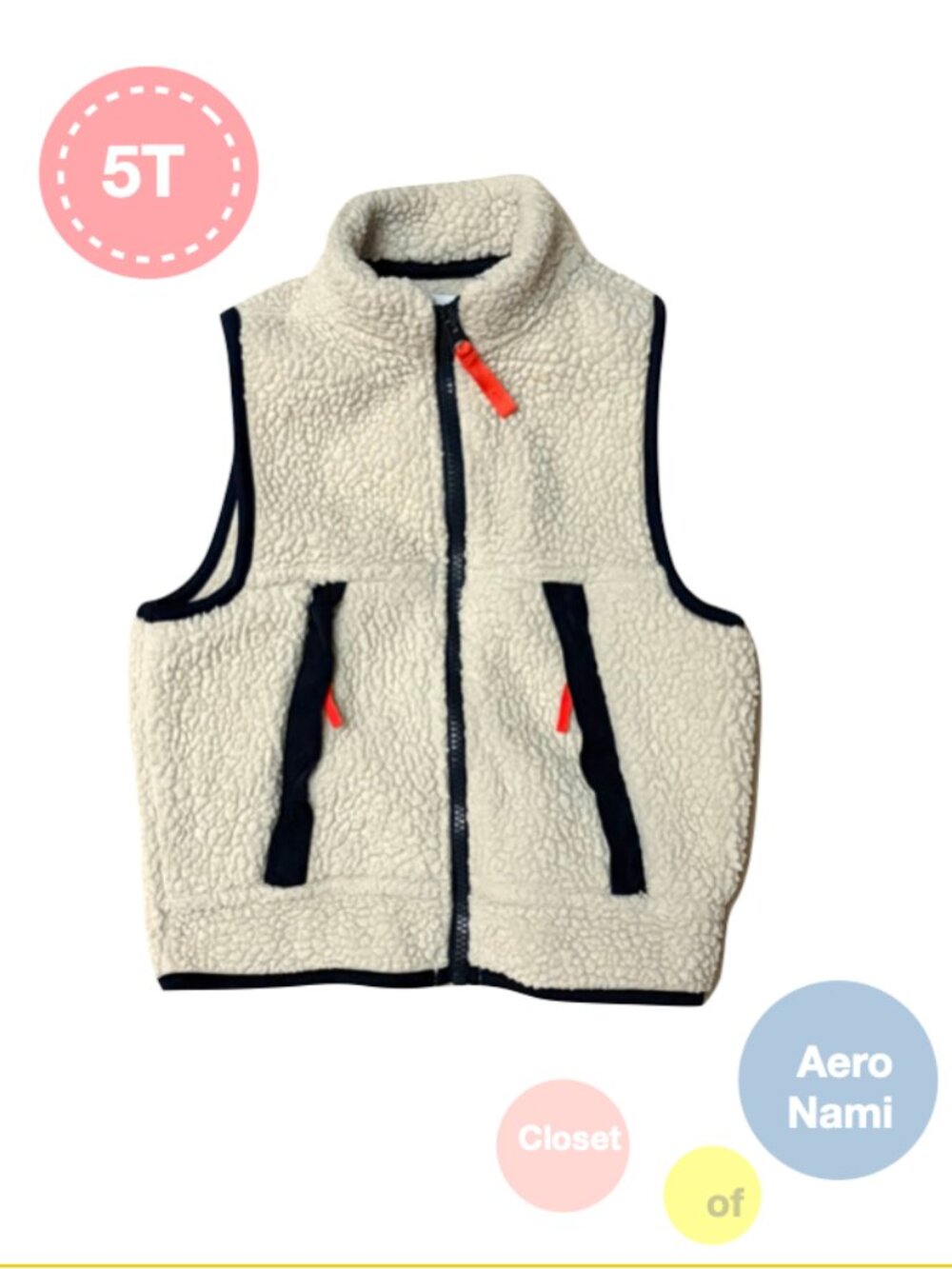 2/$29 Old Navy Kids Sherpa Fleece Vest Cream Navy Trim XS 5